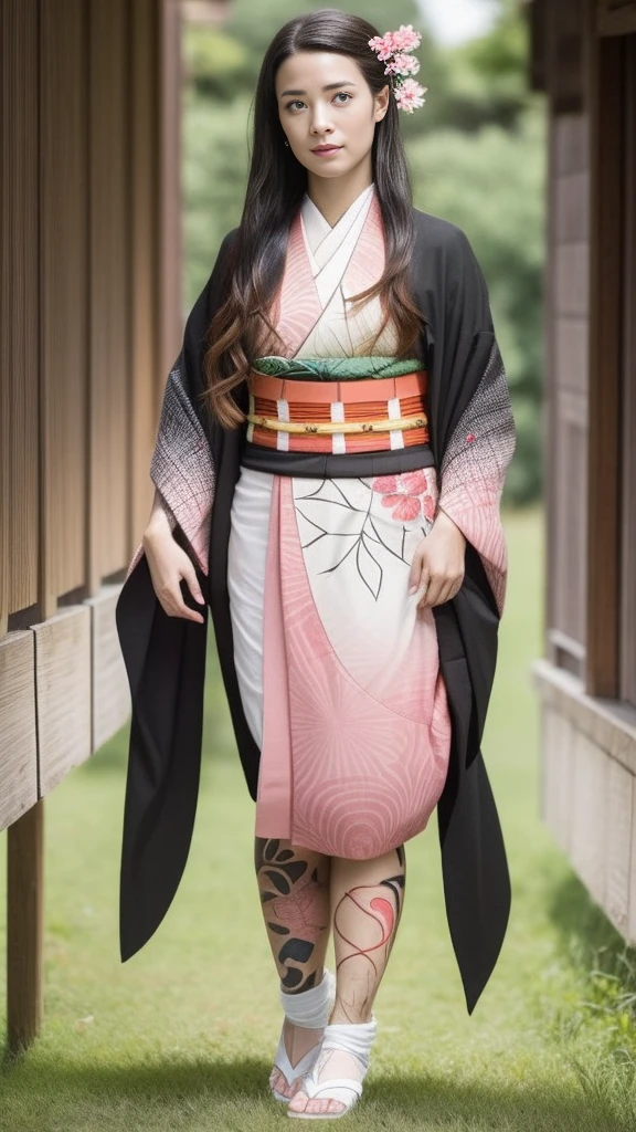 Female, moisturized skin, (pink and bright eyes), (full body: 1.4),
BREAK,
(kicking: 1.3),
BREAK,
(black grass tattoo on body: 1.3),
BREAK,
(cute kimono: 1.2), (black haori: 1.2),
BREAK,
(super long hair), (light gradient hair: 1.3), (red tips: 1.3),
BREAK,
(realistic: 1.3), (super high resolution), (highly detailed: 1.4), (full body: 1.4), (symmetrical: 1.2), (one shot),
BREAK,
(Japanese city: 1.2),
BREAK,
(Demon Slayer: 1.4), (Hirose Suzu: 1.3), (Kamado Nezuko),