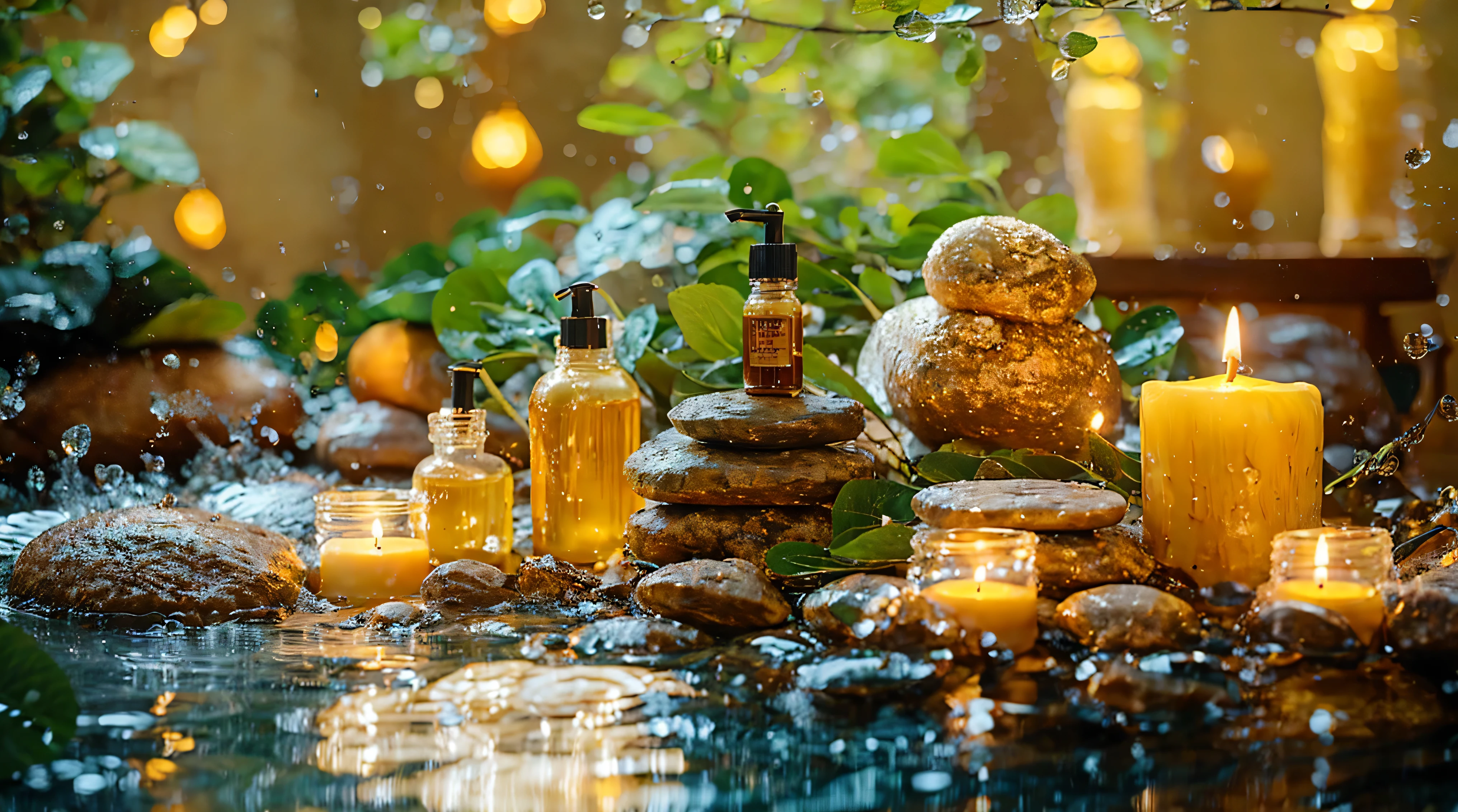 candles and spa products are sitting on a table with rocks, Luxurious surroundings, Peaceful atmosphere, Paradise Garden Massage, By Alexander Gierimski, By Maksimirjan Vanka, Morning Glow, Quiet environment, Soft glow, spa, Relaxing environment, oil, Glowing oil, Lush green environment, Relaxed atmosphere, Alexander Brook, A vibrant scene, Natural Beauty、rain、８K、