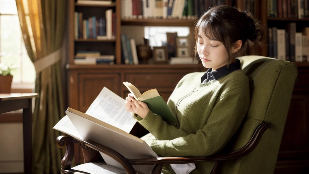 A young woman sitting on a chair and reading a book seriously、Study、high resolution