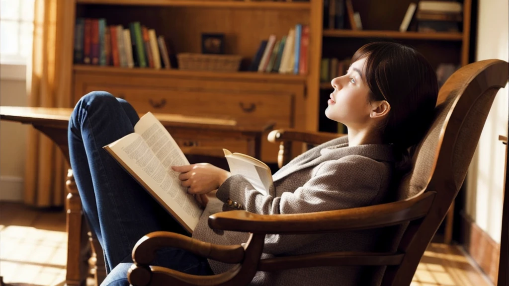 A young woman sitting on a chair and reading a book seriously、Study、high resolution