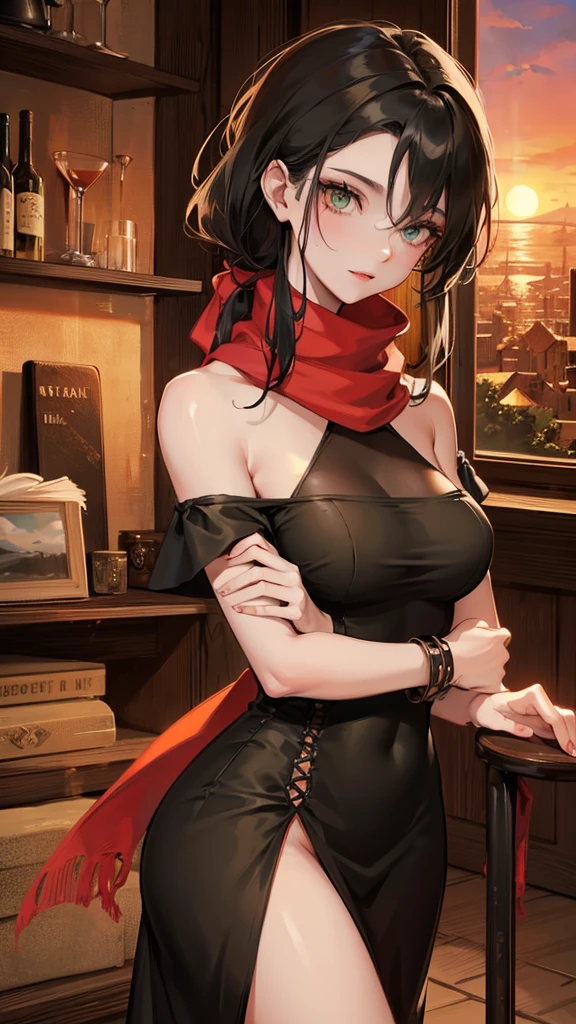 medieval setting, full view of body, 1 skinny female with large breast, beatiful smokey green eyes, black hair pinned up, elegant off-shoulder strapless midi dress, red scarf around her neck, eerie sunset