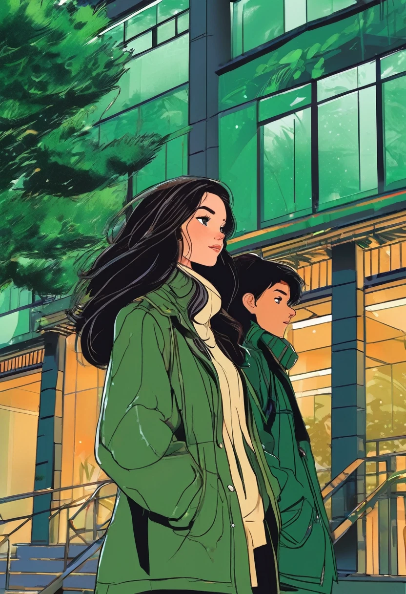 black and dark green ornaments on the lecture building with students wearing dark green jackets. vector style, manga style, digital art, by Marshall Arisman, cover illustration, 70mm, 7 0 mm, 70 mm, book cover illustration, by Brigette Barrager, album cover, novel cover art for a book, art concept for a book cover, cover art, 7 feet tall,