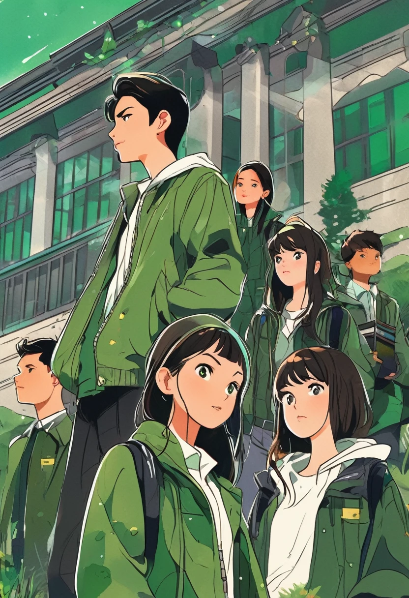 black and dark green ornaments on the lecture building with students wearing dark green jackets. vector style, manga style, digital art, by Marshall Arisman, cover illustration, 70mm, 7 0 mm, 70 mm, book cover illustration, by Brigette Barrager, album cover, novel cover art for a book, art concept for a book cover, cover art, 7 feet tall,