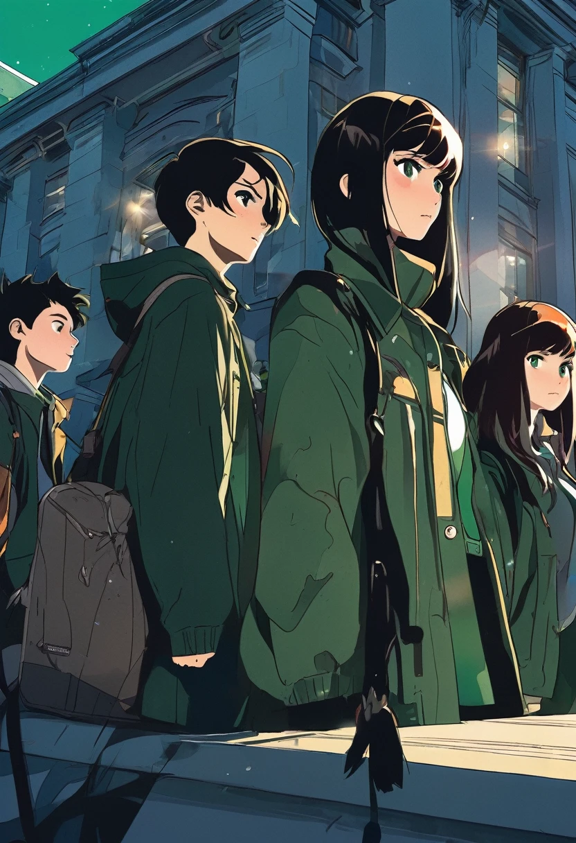 black and dark green ornaments on the lecture building with students wearing dark green jackets. vector style, manga style, digital art, by Marshall Arisman, cover illustration, 70mm, 7 0 mm, 70 mm, book cover illustration, by Brigette Barrager, album cover, novel cover art for a book, art concept for a book cover, cover art, 7 feet tall,