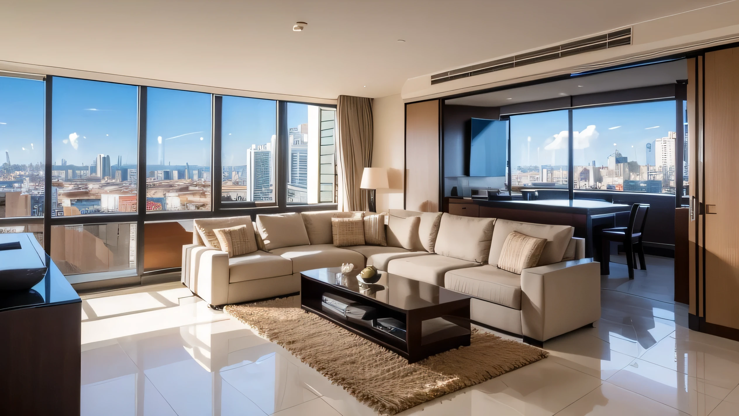 Image of a deluxe suite featuring a panoramic view of the city, spacious space, and luxurious interior
