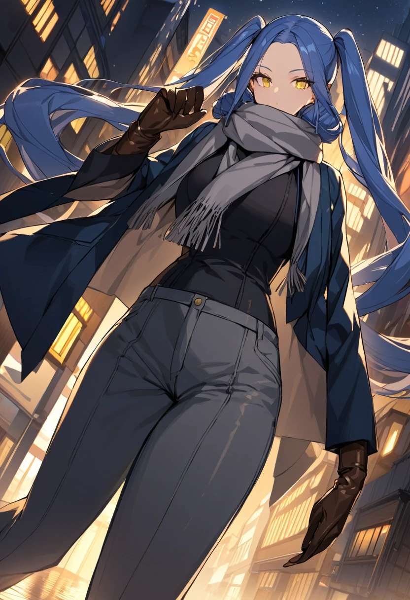 japan city in night(One very tall woman,Her hairstyle is twin tails that expose her forehead.,Navy Blue Hair,yellow eyes,Black haori,Grey scarf around neck,pants,Leather gloves)Zoom Angle