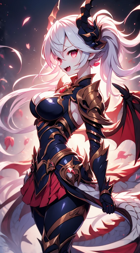 Dragon Girl,knight女孩,穿着knight铠甲的女孩,Breastplate,Skirt Armor,Arm Guard,Leggings,Bare thighs,丝绸Knee socks,Knee socks,White hair,Long hair,Single ponytail hairstyle,Dragon Horn女孩,Dragon Wings,Girl with wings,Dragon Horn,horn,巨Dragon Wings,White Wings,Dragon Tail,巨Dragon Tail,Long Tail,thick tail,Fat Tail,Smooth tail,White Tail,Scales,Scales盔甲,Pants,Tights,knight,knight girl,Close-up above the waist,Upper body close-up,mature body,Big breasts,Big breasts,Wide crotch,Big Ass,Fangs,laughing out loud,Royal sister,big sister,Heroic,Manic,Wild,Feral