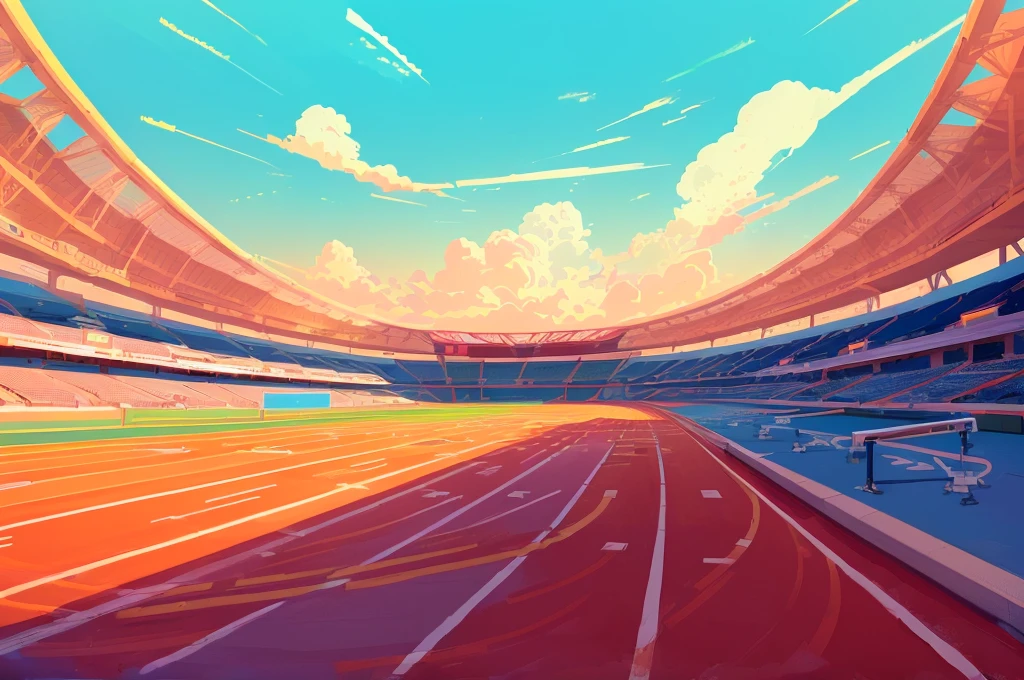 illustration of a stadium with a running track and a sky background, stadium landscape, Futuristic sports arena, Juster Battle, Flat illustration, Arena Background, stadium setting, detailed 2d illustration, Nice illustration, background technology, anime background technology, Distance 1 0 0 meters, race track background, art deco stadium, baseball stadium, stadium, soccer stadium