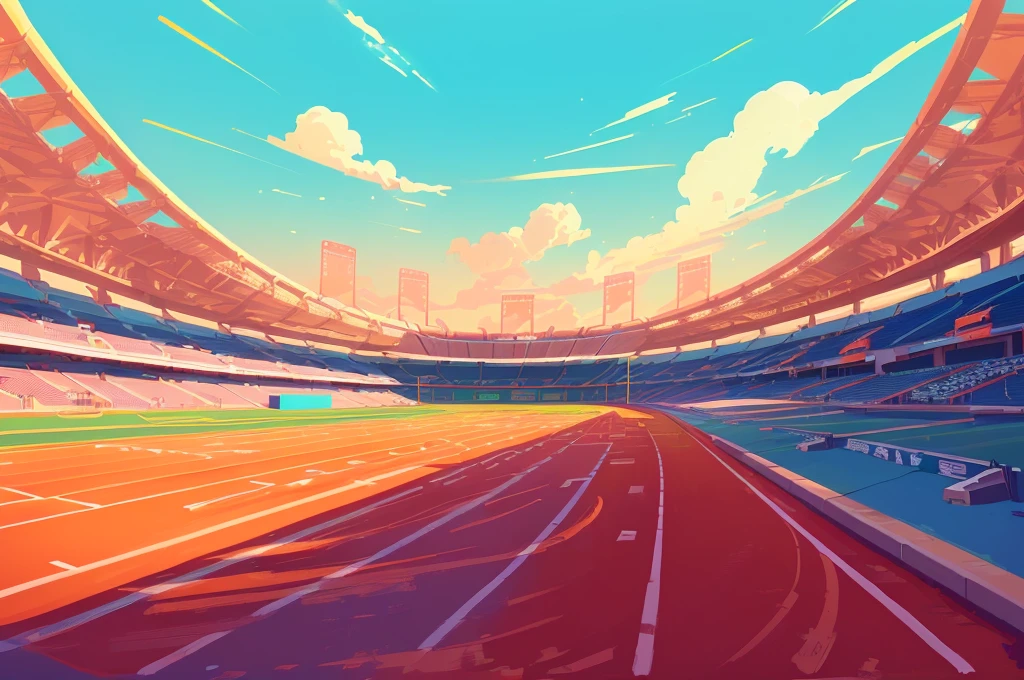 illustration of a stadium with a running track and a sky background, stadium landscape, Futuristic sports arena, Juster Battle, Flat illustration, Arena Background, stadium setting, detailed 2d illustration, Nice illustration, background technology, anime background technology, Distance 1 0 0 meters, race track background, art deco stadium, baseball stadium, stadium, soccer stadium