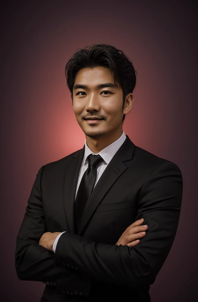 Frontal view , Portrait of man in black suit smiling , coral background editorial style highdefinition ultrarealistic details in the style of portrait photography