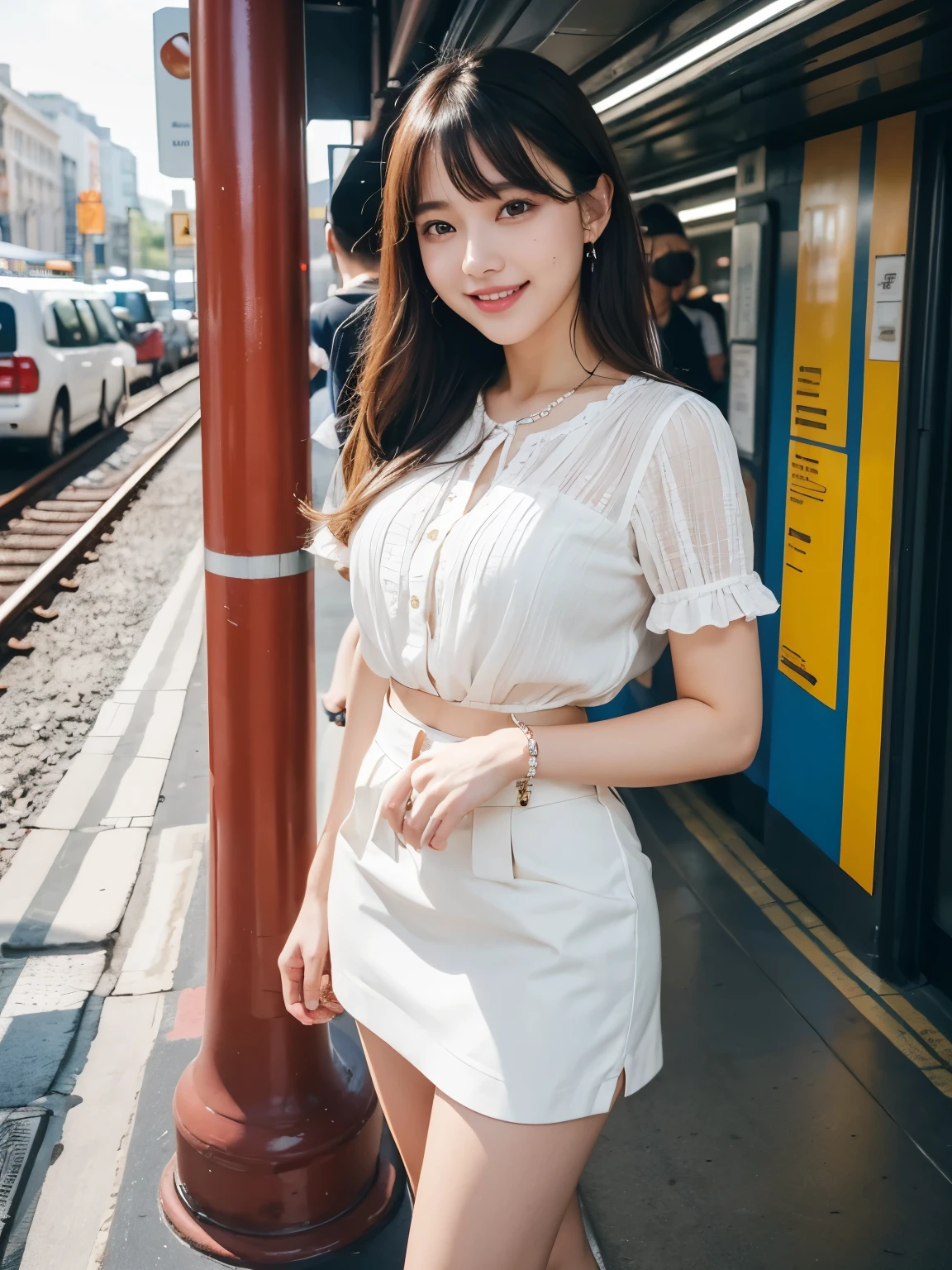 masterpiece , Highest quality , Very detailed , 8k , Cute Woman , One girl , blouse , bangs , smile , White teeth , Symmetrical eyes, Short sleeve blouse、mini skirt、Red Heels、Summer daytime、Standing on the subway platform、