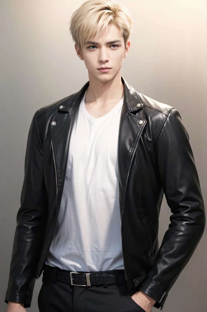 at office,wearing black leather jacket,two block haircut, Attractive man,Live-action photo,Handsome and sunny,(SLR effect,Reality,8K,Hyper-detailing,Absolute realism)