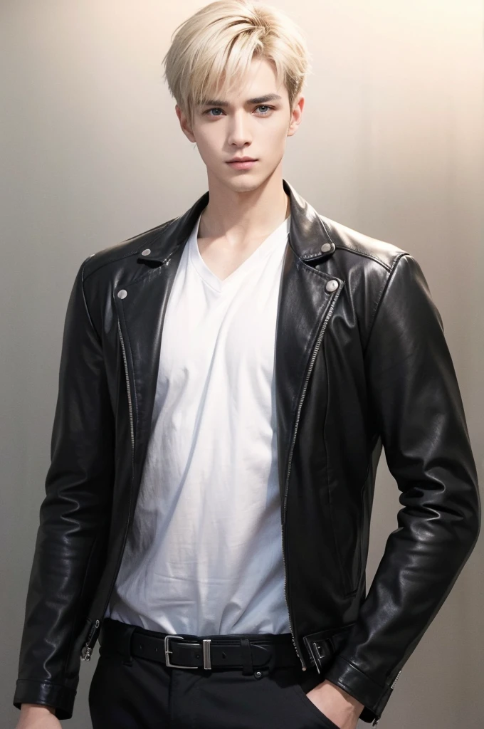 at office,wearing black leather jacket,two block haircut, Attractive man,Live-action photo,Handsome and sunny,(SLR effect,Reality,8K,Hyper-detailing,Absolute realism)