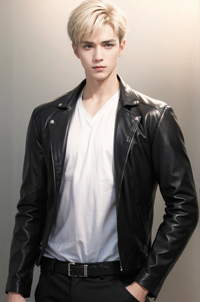 at office,wearing black leather jacket,two block haircut, Attractive man,Live-action photo,Handsome and sunny,(SLR effect,Reality,8K,Hyper-detailing,Absolute realism)