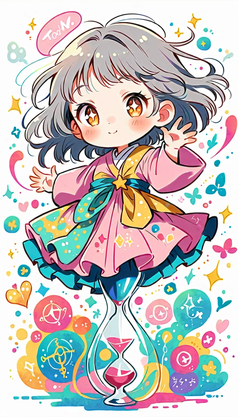 White Background, Fujichoco Style, Pink kimono, (((The most beautiful girl))), Gray Hair, Sparkling Eyes, ((hourglass)), Vibrant colors, White Background, Simple Background, whole body, Simple line initials,