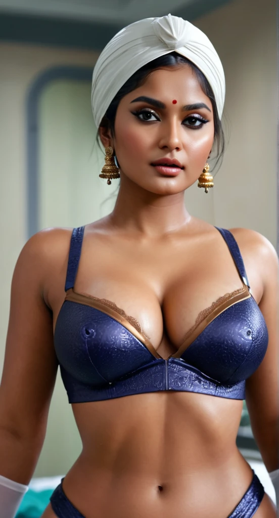 (muste piece, highest quality)((8k)),half body ,super detailed,hindu girl,asian girl ,black eyes ,realistic,dark bronze shiny skin,beautiful female model,(( blouse, traditional dress,traditional bra , turban )) big tits, whitestockings, perfect face, beautiful face, attractive, big gorgeous ass,very big tits,big ass,maldive ((in surgery room)),thin waist, open leg ,horny ,horny, (shiny skin), she is wet and intimate, she has a submissive expression, direct eye contact, hyperrealistic, unreal engine 5,Suggested pose, 8K