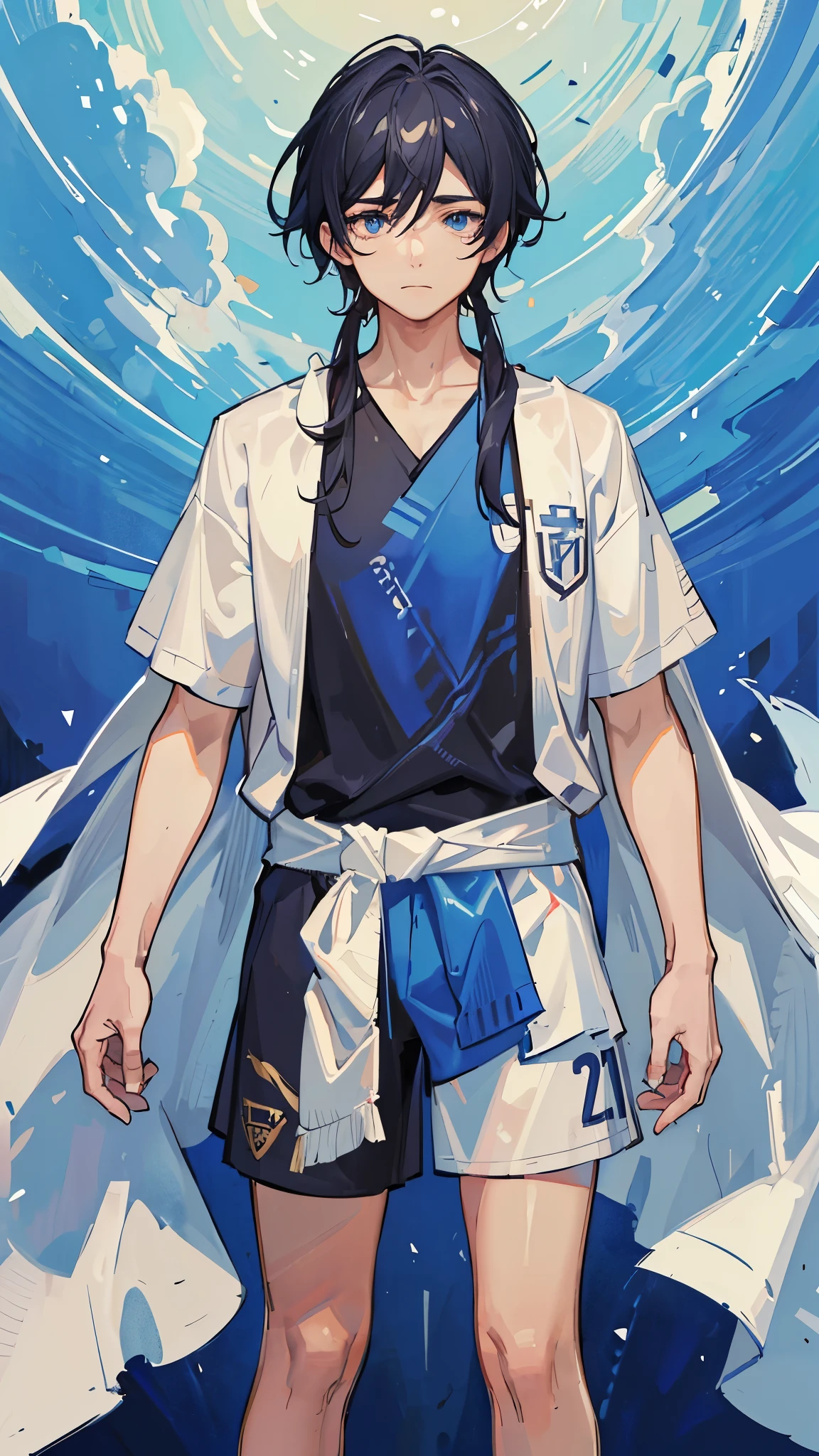 (Highest quality)), ((masterpiece)), (detailed),The background is a soccer field、A towel is wrapped around his neck、Soccer Coach、A man around 35 years old、A man with waist-length black hair tied back、Wearing a blue uniform、Eye color is a calm blue、Location: Soccer field。
