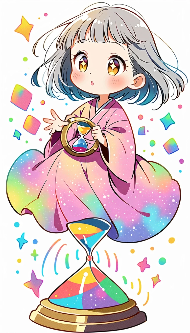 White Background, Fujichoco Style, Pink kimono, (((The most beautiful girl))), Gray Hair, Sparkling Eyes, ((hourglass)), Vibrant colors, White Background, Simple Background, whole body, Simple line initials,