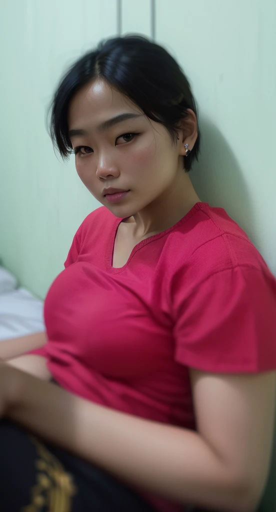 there is a woman sitting on a bed with a cell phone, south east asian with round face, photo of the girl, portrait of modern darna, photo of a woman, with very thin lips, with round face, potrait, face picture, close up potrait, with accurate face, taken with sony alpha 9, picture, with short hair, big bobs, bobs, perfect breast, perfect bobs, a women no bra, no bra, Nipple,