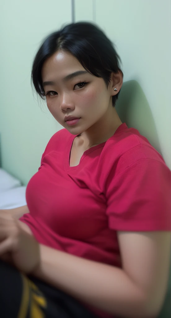there is a woman sitting on a bed with a cell phone, south east asian with round face, photo of the girl, portrait of modern darna, photo of a woman, with very thin lips, with round face, potrait, face picture, close up potrait, with accurate face, taken with sony alpha 9, picture, with short hair, big bobs, bobs, perfect breast, perfect bobs, a women no bra, no bra, Nipple,