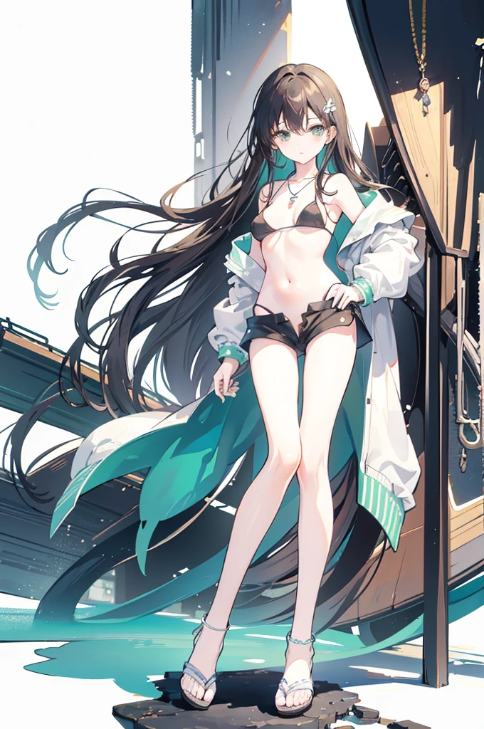 {{masterpiece}}, The best quality of life, 、Dark brown long hair down to the waist、Anime Girls with brown long hair, Cute female anime visuals,Anime full body illustration, Anime Moe Art Style, Anime characters, (Anime Girls)、(Green Eyes）、Expressionless adult woman、Small Necklace、((White background))、Black Bikini、Grey shorts、A light jacket、Green anklet、A woman standing in white sandals、Large Breasts