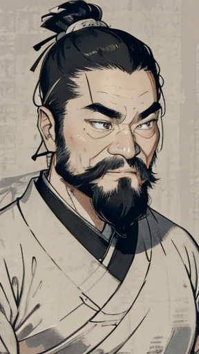 (((Monochrome)))、(((Ink Painting)))、Oriental、Ultra-high resolution、(Realistic:1.4)、Game Poster、Crisp and beautiful image quality、beard、ancient chinese hairstyle male、Embroidered cloth wrapped around a topknot、whole body ,(Ancient Chinese armor, Dragon head on shoulder,(黒beard):1.2), (Ancient Chinese armor with intricate pattern:1.2), gloves, Long trousers, (Very detailed, bloom:1.5), (Highest quality, Concept Art, 4K), (analog:1.2), (high sharpness), (Detailed pupil:1.1), Detailed face and eyes, masterpiece, Highest quality,8k,  (Black Hair, Dynamic Short Hair), (PurerosFace_v1:0.2), [:(Detailed face:1.2):0.2], sharp, Realistic, Realistic Shadow, 