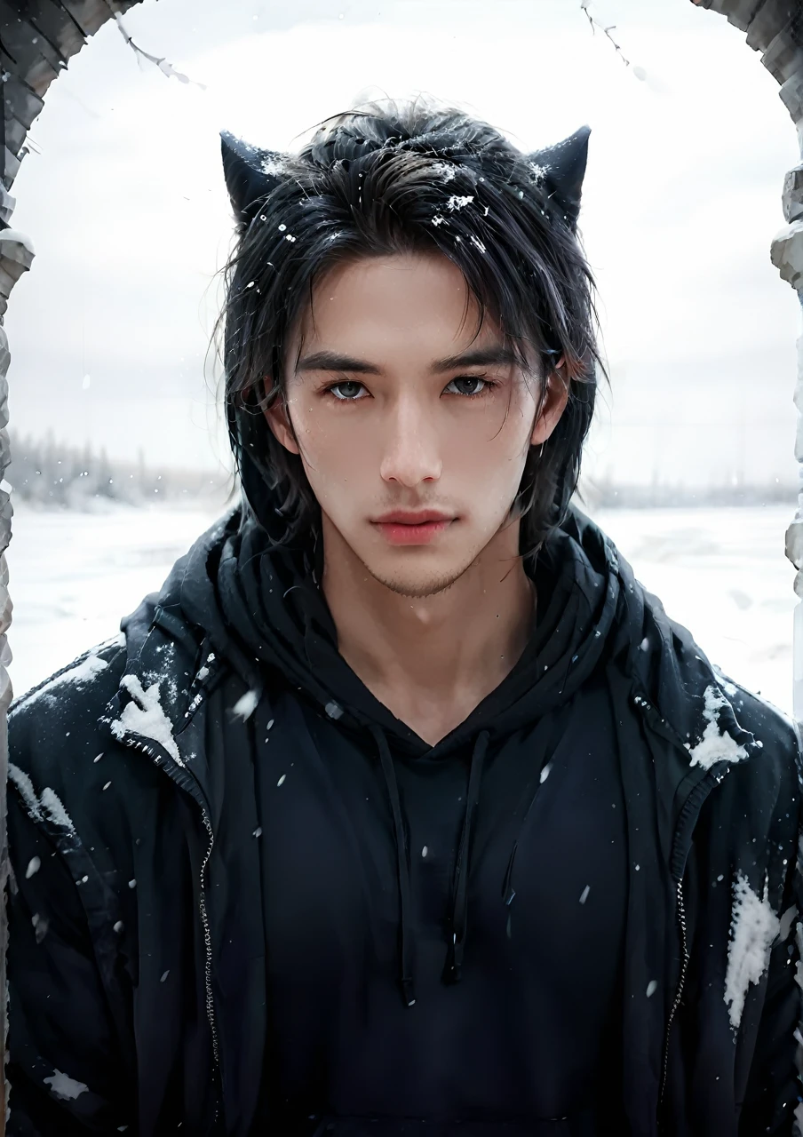 a handsome man in a torn black hoodie, wolf, snow landscape, detailed facial features, highly detailed, hyper realistic, cinematic lighting, dramatic lighting, moody colors, dark atmosphere, fantasy art