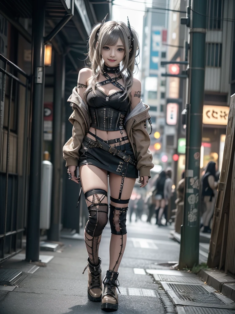 (Full Body View:1.2)、(Smiling with teeth showing:1.3),(Shibuya Gal:1.5)、(Beautiful gravure model:1.5)、(Neo-goth fashion:1.5)、(Punk RockVisual Kei:1.5)、(An off-the-shoulder hoodie in khaki and brown with delicate silver accessories.:1.5)、(A corset with a delicate beige and brown design:1.4)、(Khaki and brown snakeskin bodysuit:1.5)、(head band:1.3)、(Beige and charcoal knee socks:1.4)、Embellished collar and long boots、(I&#39;m selling snake print underwear.:1.4)、(Long eyelashes:1.3)、(20-year-old)、((Highest quality、8k、masterpiece:1.3))、1 Female、Slim and beautiful abs:1.3、(hairstyle casual、Beautiful boobs:1.1)、(Doing an aerobics pose:1.3)、dress:1.1、Super small face、Narrow eyes、double eyelid、A sloppy smile、Esbian all over body、Dynamic Angle、Close-up、CPL Filter、Blurred Background、Bokeh、Blue Hour、Detailed face and skin texture、Detailed eyes、,(Twin tails:1.3)、(Black brown hair:1.3)、Gravure idol、(The background is a glamorous dance hall:1.3)、(Make your legs thinner:1.4)、(Slim Body:1.3)、(clavicle:1.1)
