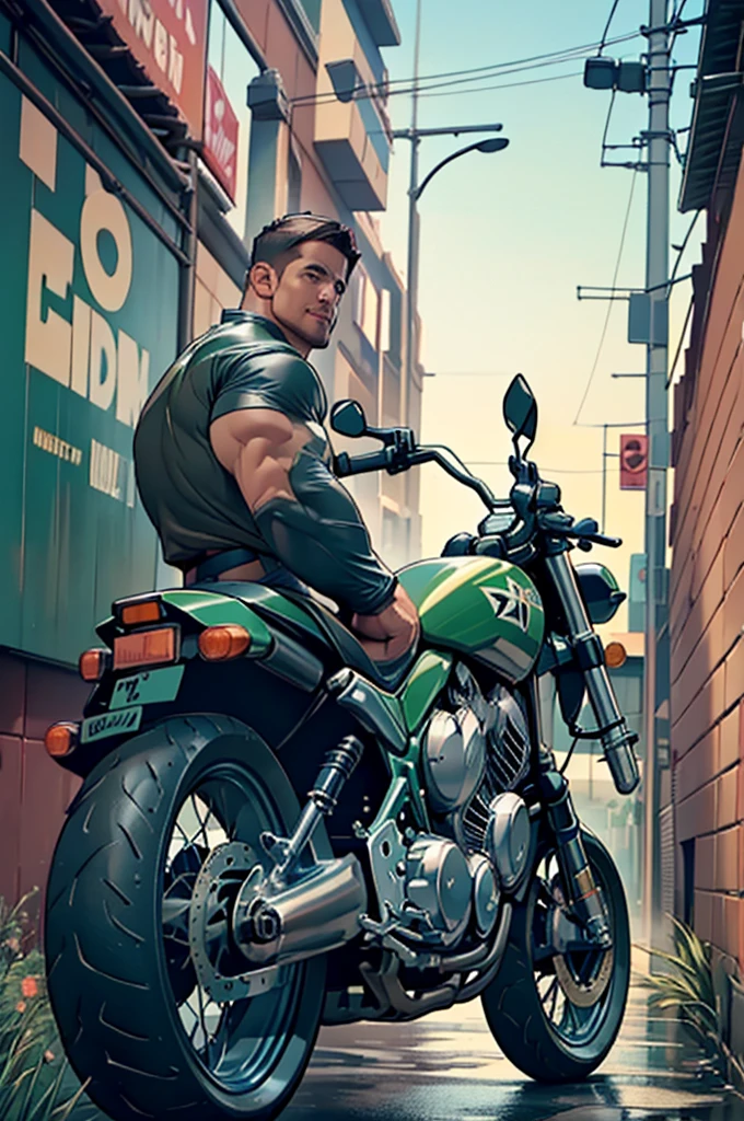 32k, high quality , detailed face , detailed hands , detailed muscles detailed motorcycle , (((Stephen AMELL))) standing near his (((motorcycle 1.2))), posing in a street ,standing with spread legs, showing his muscles, shirtless wearing a very very low dark green pants with brown belt,SHIRTLESS , background brick wall with men health posters