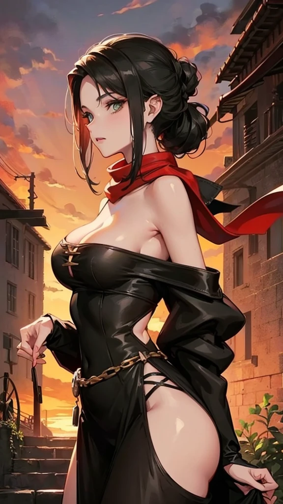 medieval setting, full view of body, 1 skinny female with large breast, beatiful smokey green eyes, black hair pinned up, elegant off-shoulder strapless midi dress, red scarf around her neck, eerie sunset
