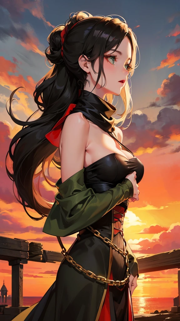 medieval setting, full view of body, 1 skinny female with large breast, beatiful smokey green eyes, black hair pinned up, elegant off-shoulder strapless midi dress, red scarf around her neck, eerie sunset
