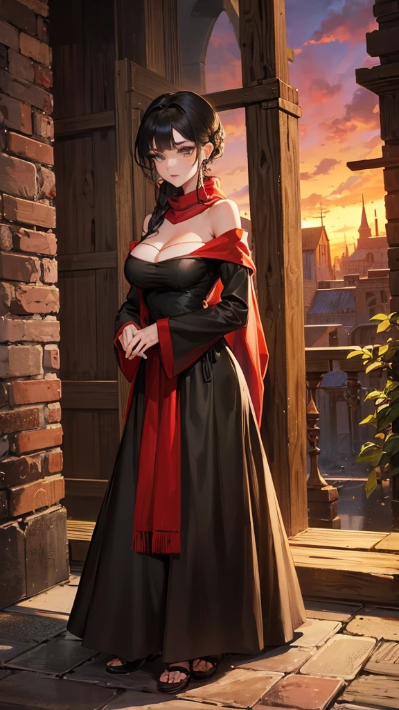 medieval setting, full view of body, 1 skinny female with large breast, beatiful smokey green eyes, black hair pinned up, elegant off-shoulder strapless midi dress, red scarf around her neck, eerie sunset