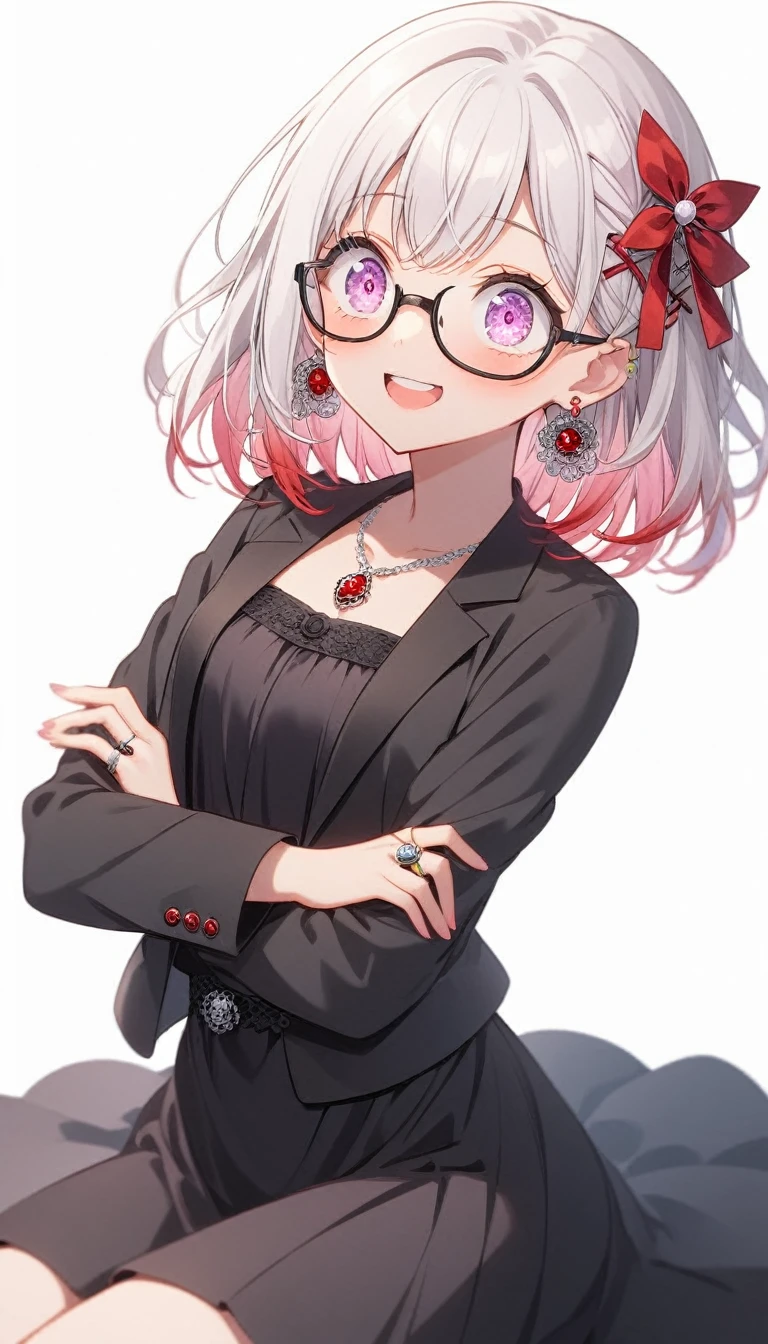 One Girl, alone, Medium Hair, View your audience, Surprised expression、panic、Bitter smile、bangs, ((Black dress code)), Purpleのパステルカラーのスカート、Purpleの目,White hair in the eye、Shining beautiful eyes、((Red ribbon hair ornament))、White Jewelry, Sitting, Jacket, whole body, PurpleとPinkのメッシュカラー、Hair Color(Purple,Pink)、Purple pink mesh color、 earrings, Glasses, teeth, , open Jacket, Earrings, ring, ear Earrings, White Background、White Background、Yoga poses、whole body