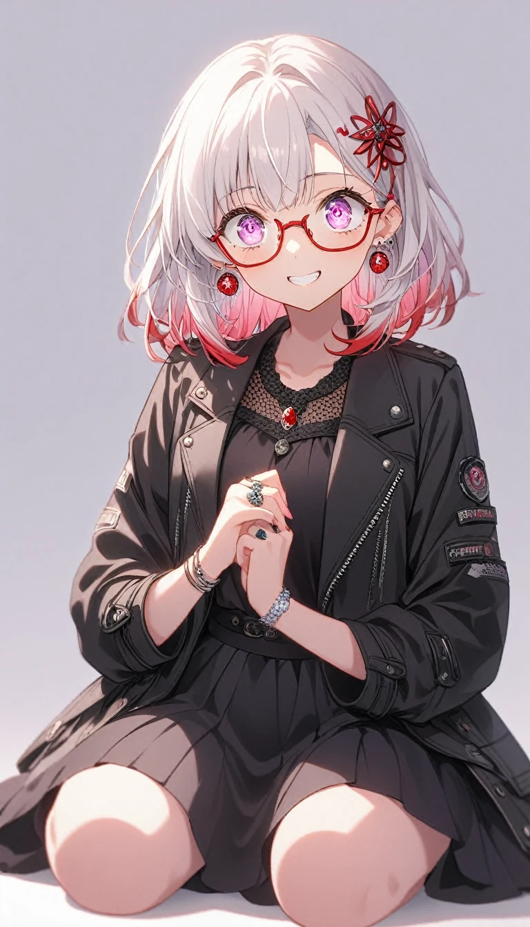 One Girl, alone, Medium Hair, View your audience, Surprised expression、panic、Bitter smile、bangs, ((Black dress code)), Purpleのパステルカラーのスカート、Purpleの目,White hair in the eye、Shining beautiful eyes、((Red ribbon hair ornament))、White Jewelry, Sitting, Jacket, whole body, PurpleとPinkのメッシュカラー、Hair Color(Purple,Pink)、Purple pink mesh color、 earrings, Glasses, teeth, , open Jacket, Earrings, ring, ear Earrings, White Background、White Background、Yoga poses、whole body
