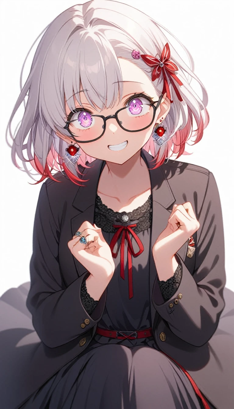 One Girl, alone, Medium Hair, View your audience, Surprised expression、panic、Bitter smile、bangs, ((Black dress code)), Purpleのパステルカラーのスカート、Purpleの目,White hair in the eye、Shining beautiful eyes、((Red ribbon hair ornament))、White Jewelry, Sitting, Jacket, whole body, PurpleとPinkのメッシュカラー、Hair Color(Purple,Pink)、Purple pink mesh color、 earrings, Glasses, teeth, , open Jacket, Earrings, ring, ear Earrings, White Background、White Background、Yoga poses、whole body