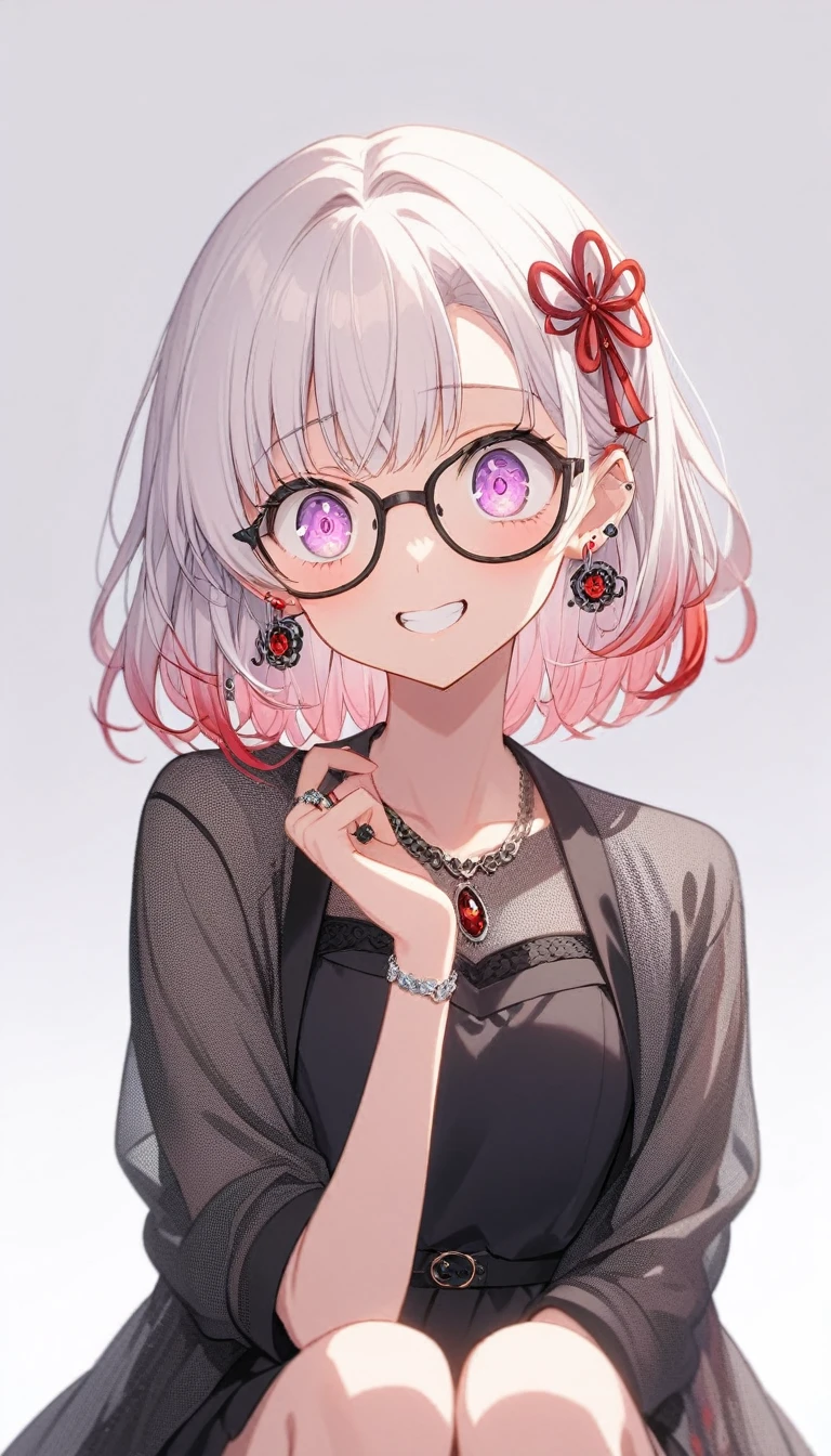 One Girl, alone, Medium Hair, View your audience, Surprised expression、panic、Bitter smile、bangs, ((Black dress code)), Purpleのパステルカラーのスカート、Purpleの目,White hair in the eye、Shining beautiful eyes、((Red ribbon hair ornament))、White Jewelry, Sitting, Jacket, whole body, PurpleとPinkのメッシュカラー、Hair Color(Purple,Pink)、Purple pink mesh color、 earrings, Glasses, teeth, , open Jacket, Earrings, ring, ear Earrings, White Background、White Background、Yoga poses、whole body