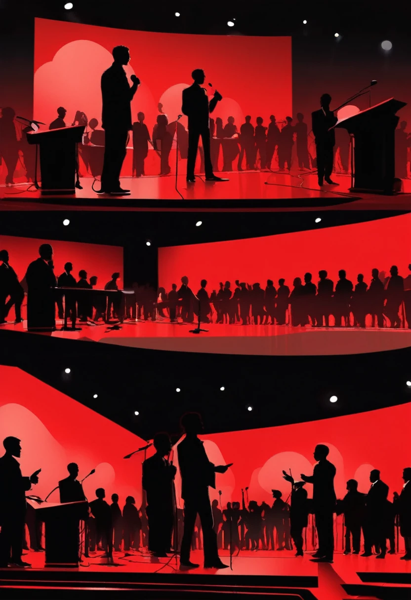 
black silhouette of a man on stage making a speech in front of the podium, black and red,  vector style, manga style, digital art, by Marshall Arisman, cover illustration, 70mm, 7 0 mm, 70 mm, book cover illustration, by Brigette Barrager, album cover, novel cover art for a book, art concept for a book cover, cover art, 7 feet tall,