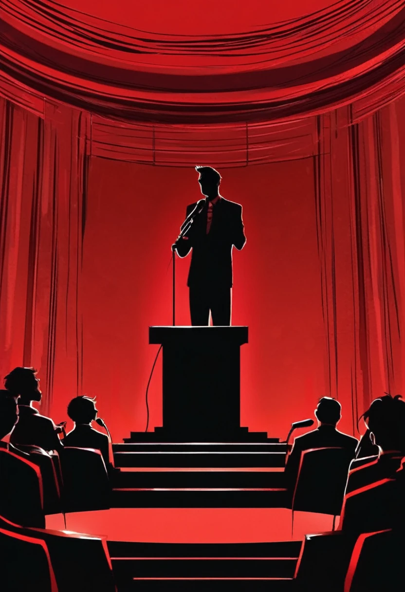 black silhouette of a man on stage making a speech in front of the podium, black and red, vector style, manga style, digital art, by Marshall Arisman, cover illustration, 70mm, 7 0 mm, 70 mm, book cover illustration, by Brigette Barrager, album cover, novel cover art for a book, art concept for a book cover, cover art, 7 feet tall,