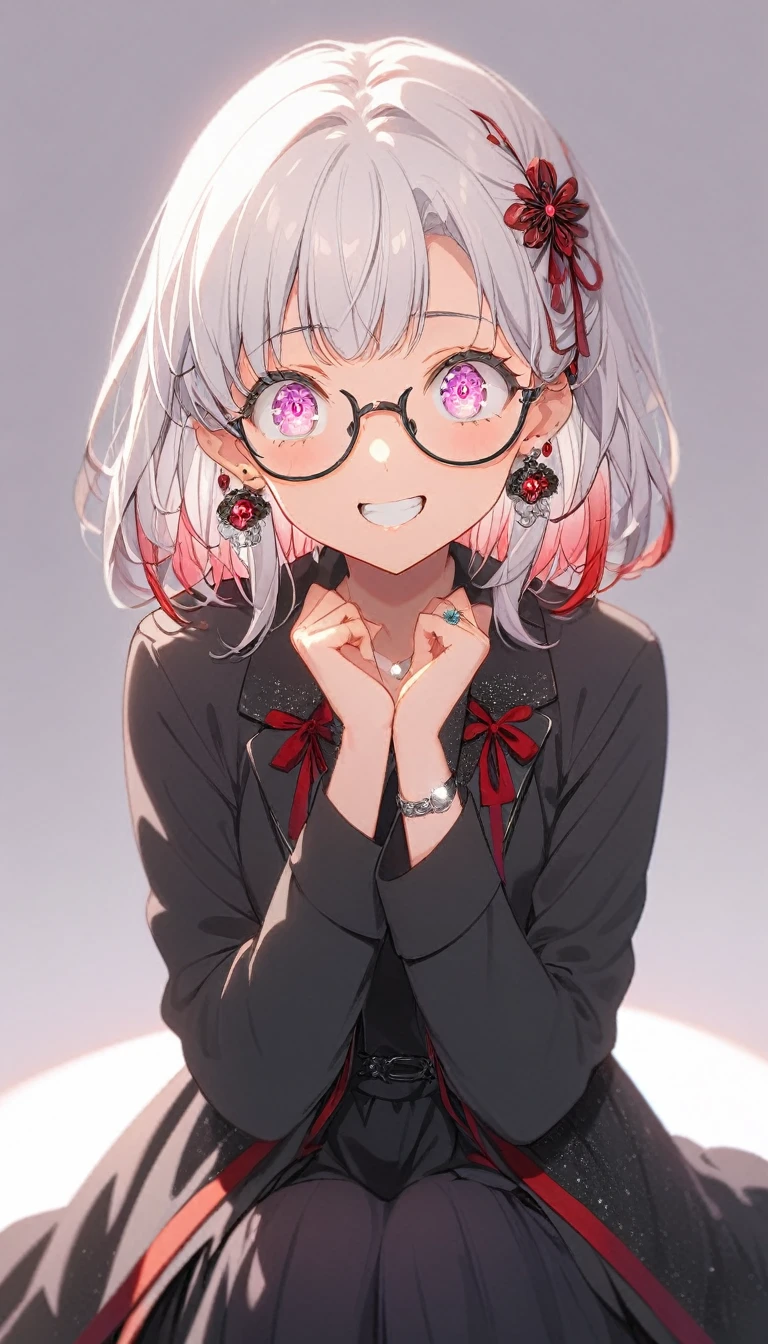 One Girl, alone, Medium Hair, View your audience, Surprised expression、panic、Bitter smile、bangs, ((Black dress code)), Purpleのパステルカラーのスカート、Purpleの目,White hair in the eye、Shining beautiful eyes、((Red ribbon hair ornament))、White Jewelry, Sitting, Jacket, whole body, PurpleとPinkのメッシュカラー、Hair Color(Purple,Pink)、Purple pink mesh color、 earrings, Glasses, teeth, , open Jacket, Earrings, ring, ear Earrings, White Background、White Background、Yoga poses、whole body