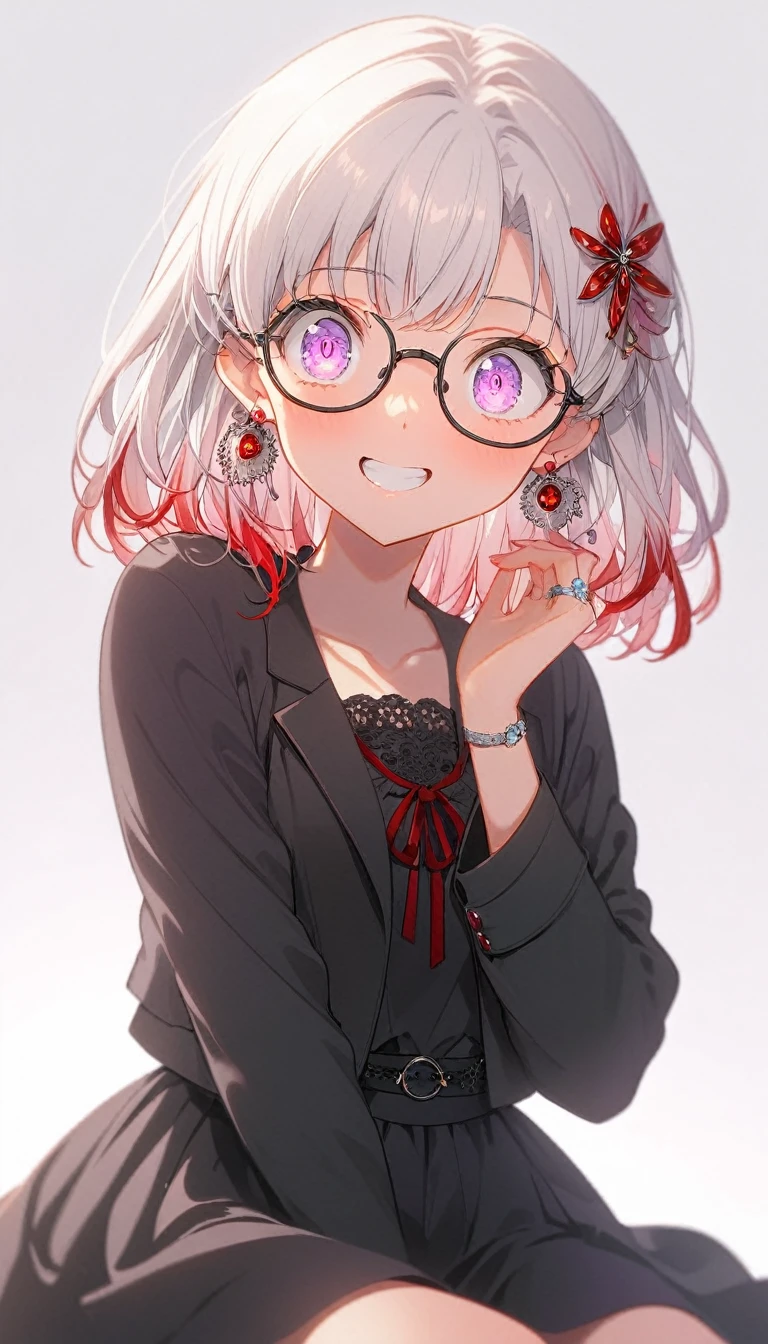 One Girl, alone, Medium Hair, View your audience, Surprised expression、panic、Bitter smile、bangs, ((Black dress code)), Purpleのパステルカラーのスカート、Purpleの目,White hair in the eye、Shining beautiful eyes、((Red ribbon hair ornament))、White Jewelry, Sitting, Jacket, whole body, PurpleとPinkのメッシュカラー、Hair Color(Purple,Pink)、Purple pink mesh color、 earrings, Glasses, teeth, , open Jacket, Earrings, ring, ear Earrings, White Background、White Background、Yoga poses、whole body