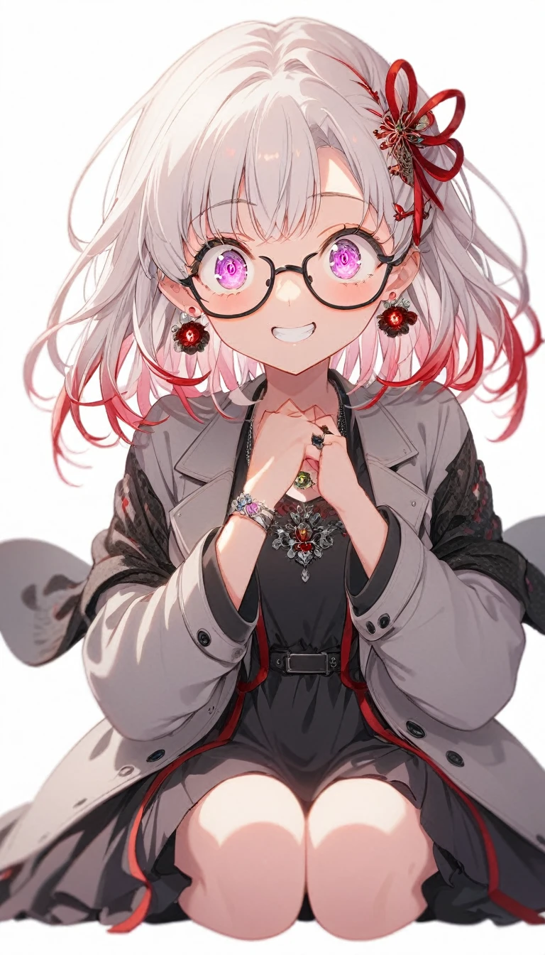 One Girl, alone, Medium Hair, View your audience, Surprised expression、panic、Bitter smile、bangs, ((Black dress code)), Purpleのパステルカラーのスカート、Purpleの目,White hair in the eye、Shining beautiful eyes、((Red ribbon hair ornament))、White Jewelry, Sitting, Jacket, whole body, PurpleとPinkのメッシュカラー、Hair Color(Purple,Pink)、Purple pink mesh color、 earrings, Glasses, teeth, , open Jacket, Earrings, ring, ear Earrings, White Background、White Background、Yoga poses、whole body