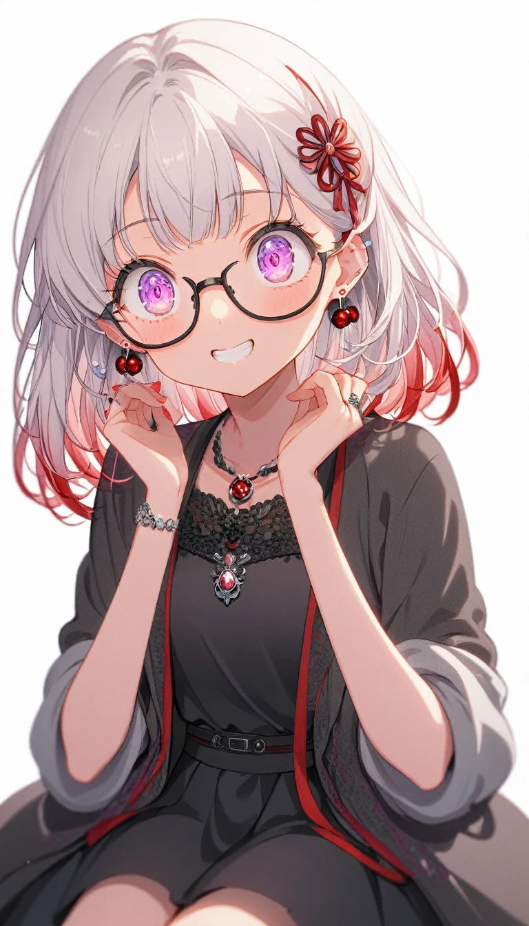 One Girl, alone, Medium Hair, View your audience, Surprised expression、panic、Bitter smile、bangs, ((Black dress code)), Purpleのパステルカラーのスカート、Purpleの目,White hair in the eye、Shining beautiful eyes、((Red ribbon hair ornament))、White Jewelry, Sitting, Jacket, whole body, PurpleとPinkのメッシュカラー、Hair Color(Purple,Pink)、Purple pink mesh color、 earrings, Glasses, teeth, , open Jacket, Earrings, ring, ear Earrings, White Background、White Background、Yoga poses、whole body