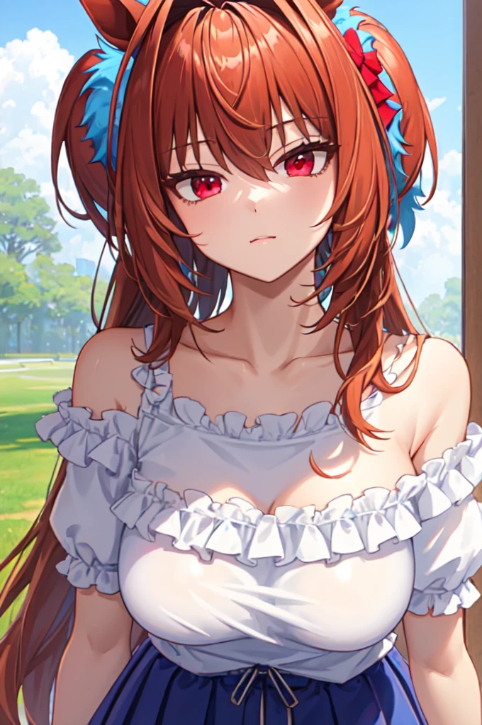 masterpiece, best quality, best aesthetic, ultra-detailed, pov, female pov, FPOV, daiwa scarlet \(umamusume\), puffy short sleeves, bare shoulders, off-shoulder shirt, collarbone, white shirt, frills, blue skirt, plaid skirt, pleated skirt, 