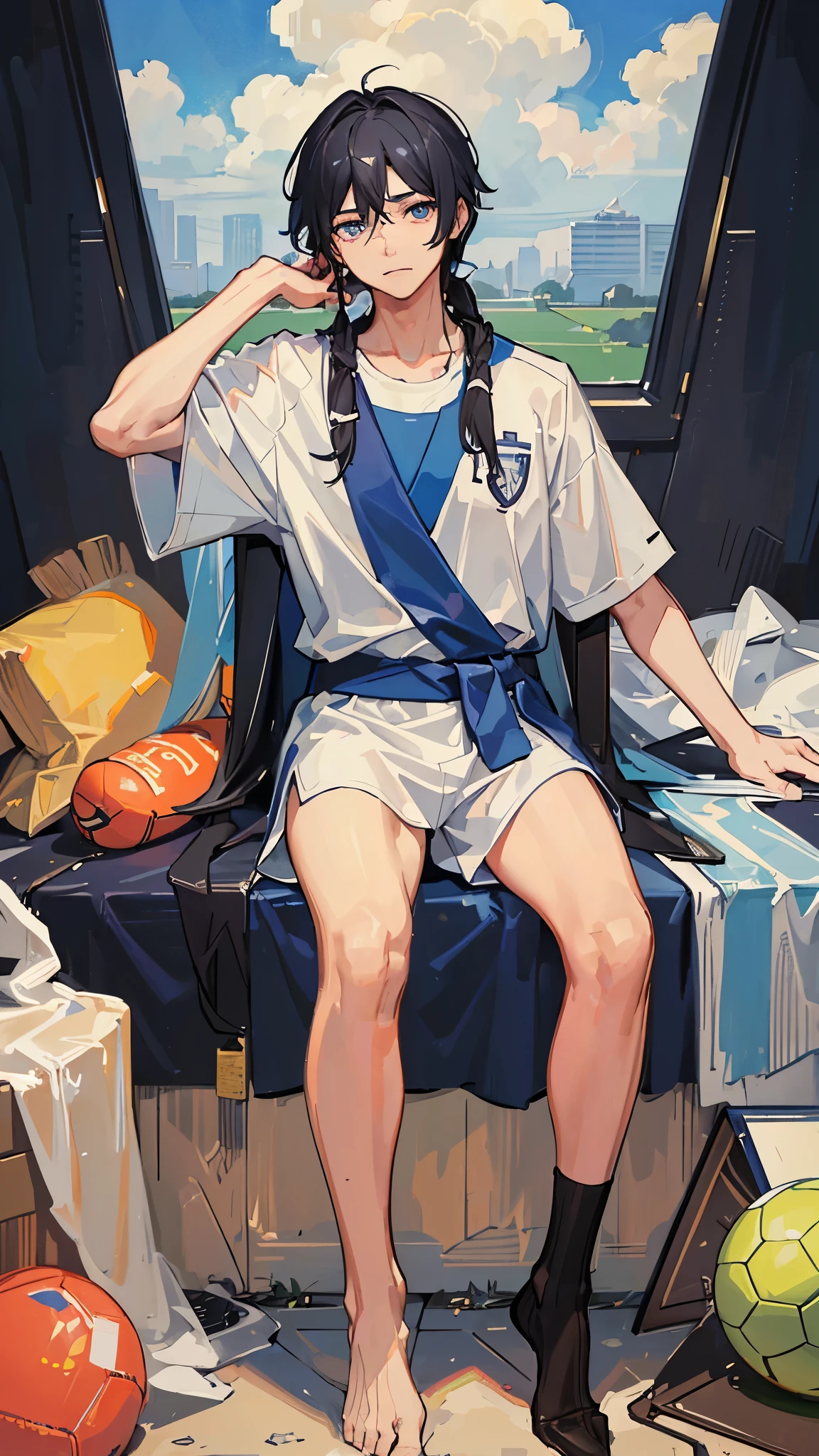 (Highest quality)), ((masterpiece)), (detailed),The background is a soccer field、A towel is wrapped around his neck、Soccer Coach、A man around 35 years old、A man with waist-length black hair tied back、Wearing a blue uniform、Eye color is a calm blue、Location: Soccer field。