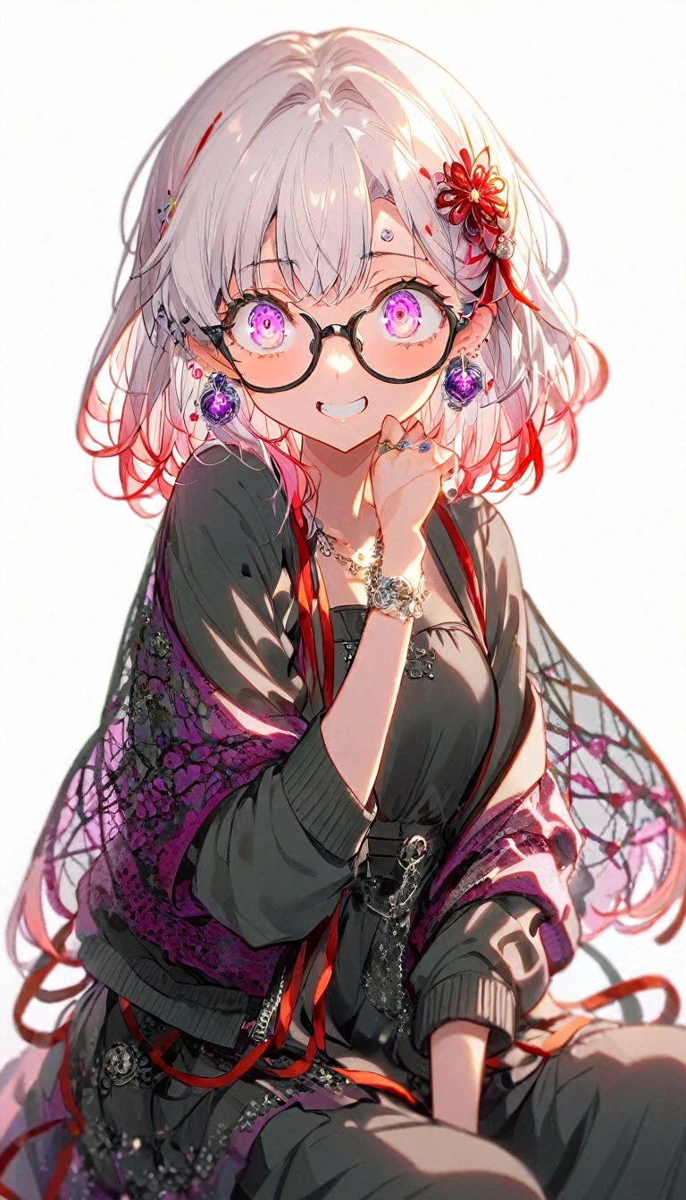 One Girl, alone, Medium Hair, View your audience, Surprised expression、panic、Bitter smile、bangs, ((Black dress code)), Purpleのパステルカラーのスカート、Purpleの目,White hair in the eye、Shining beautiful eyes、((Red ribbon hair ornament))、White Jewelry, Sitting, Jacket, whole body, PurpleとPinkのメッシュカラー、Hair Color(Purple,Pink)、Purple pink mesh color、 earrings, Glasses, teeth, , open Jacket, Earrings, ring, ear Earrings, White Background、White Background、Yoga poses、whole body
