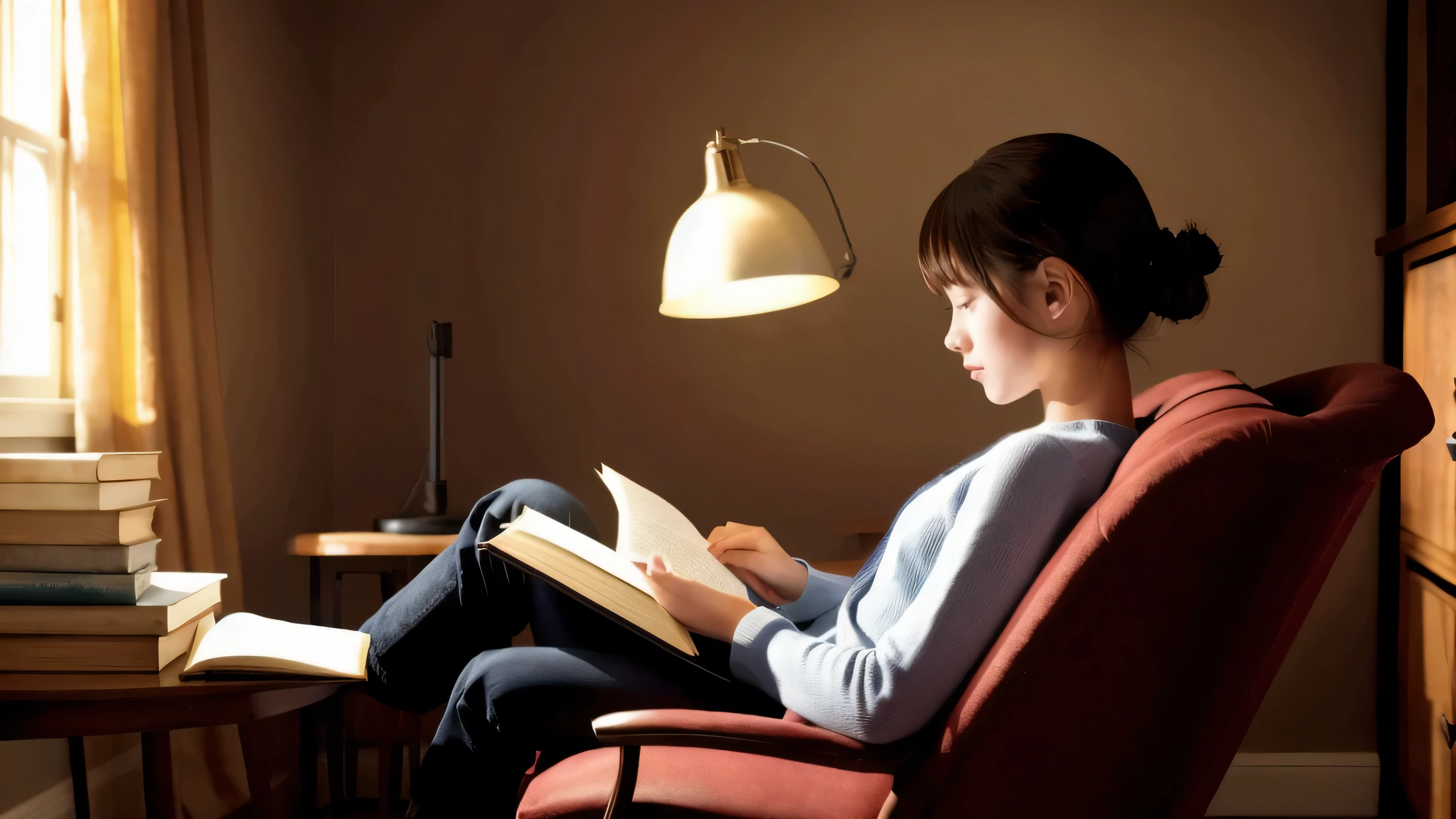 A young woman sitting on a chair and reading a book seriously、Study、high resolution