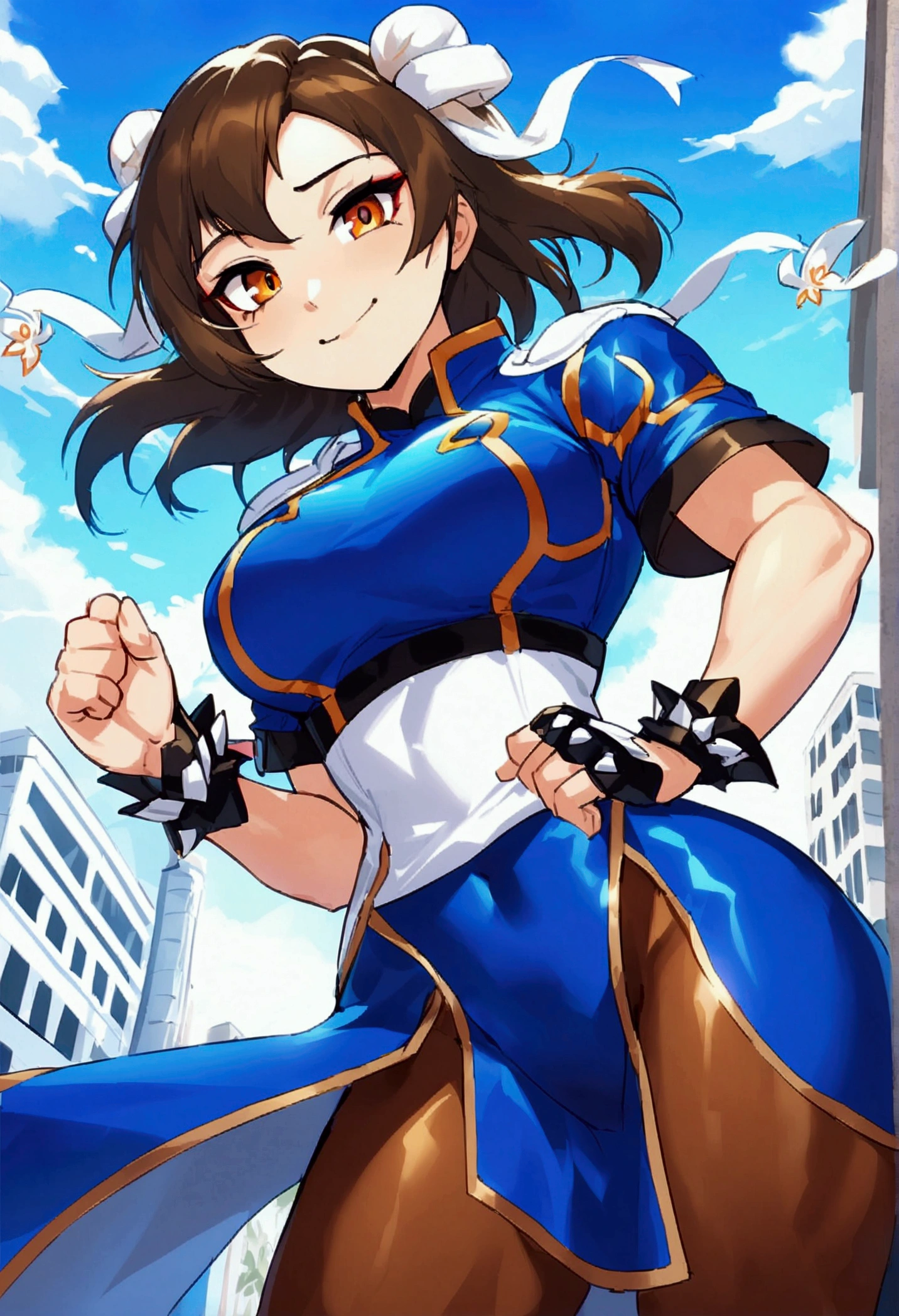 ((streetfigher)), looking the viewer, solo, girl, shy, red cheek, bashful, embarrassed, smiling, happy, perfect face, beautiful eye, upper body, muscular,