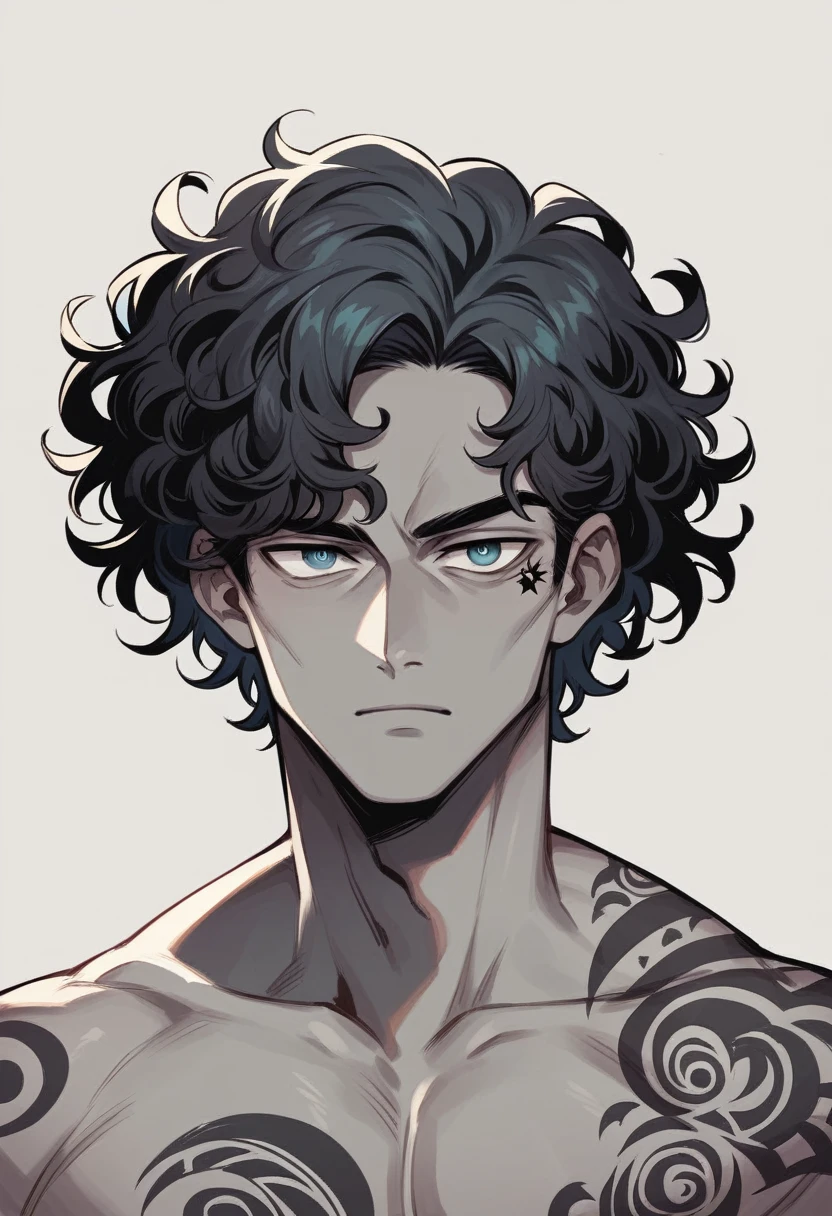 boy, long curly hair with eyes, gray skin, black stripe tattoos on eyes, アニメ.