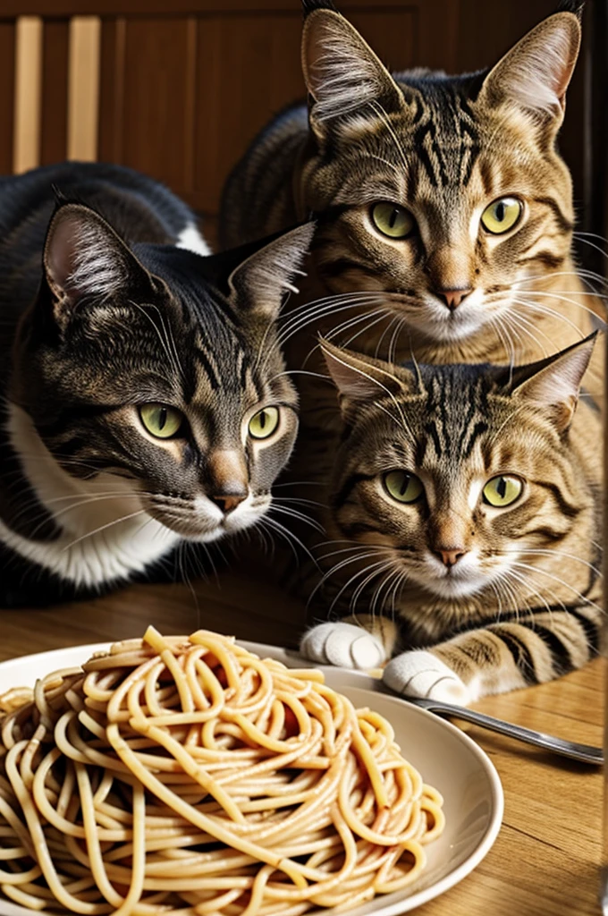 A cat eating spaghetti