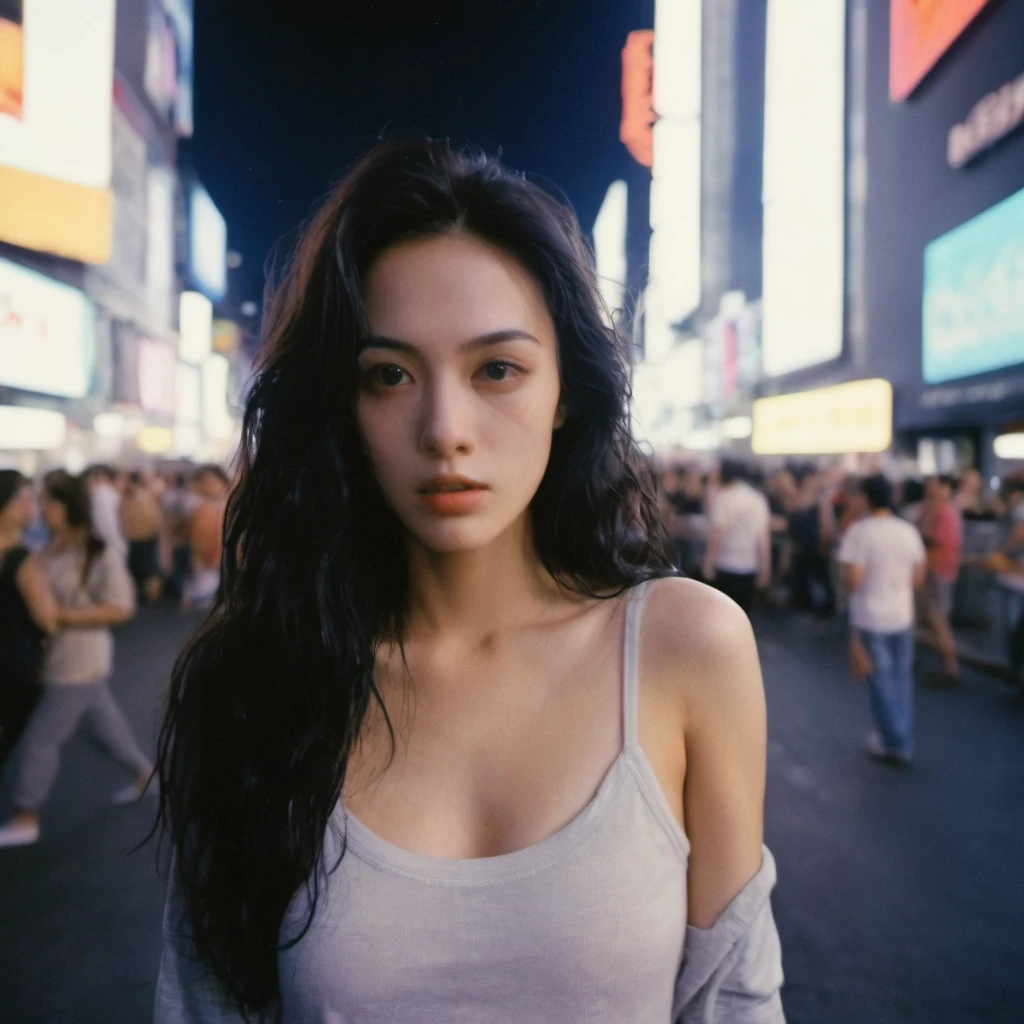 xxmixgirl,1 female detailed face time square detailed background  surreal cyberpunk shadow (lofi, analogue) dramatic lighting by Bill Sienkiewicz ( SimplepositiveXLv1:0.7), wet tshirt look sexy, splash detailed, kodak film by Brandon Woelfel Ryan McGinley, normal breasts, normal hips, Long Hair, High resolution, masterpiece, election of nipples, see-through nipples,High resolution, Anatomically correct, Ultra high definition, 